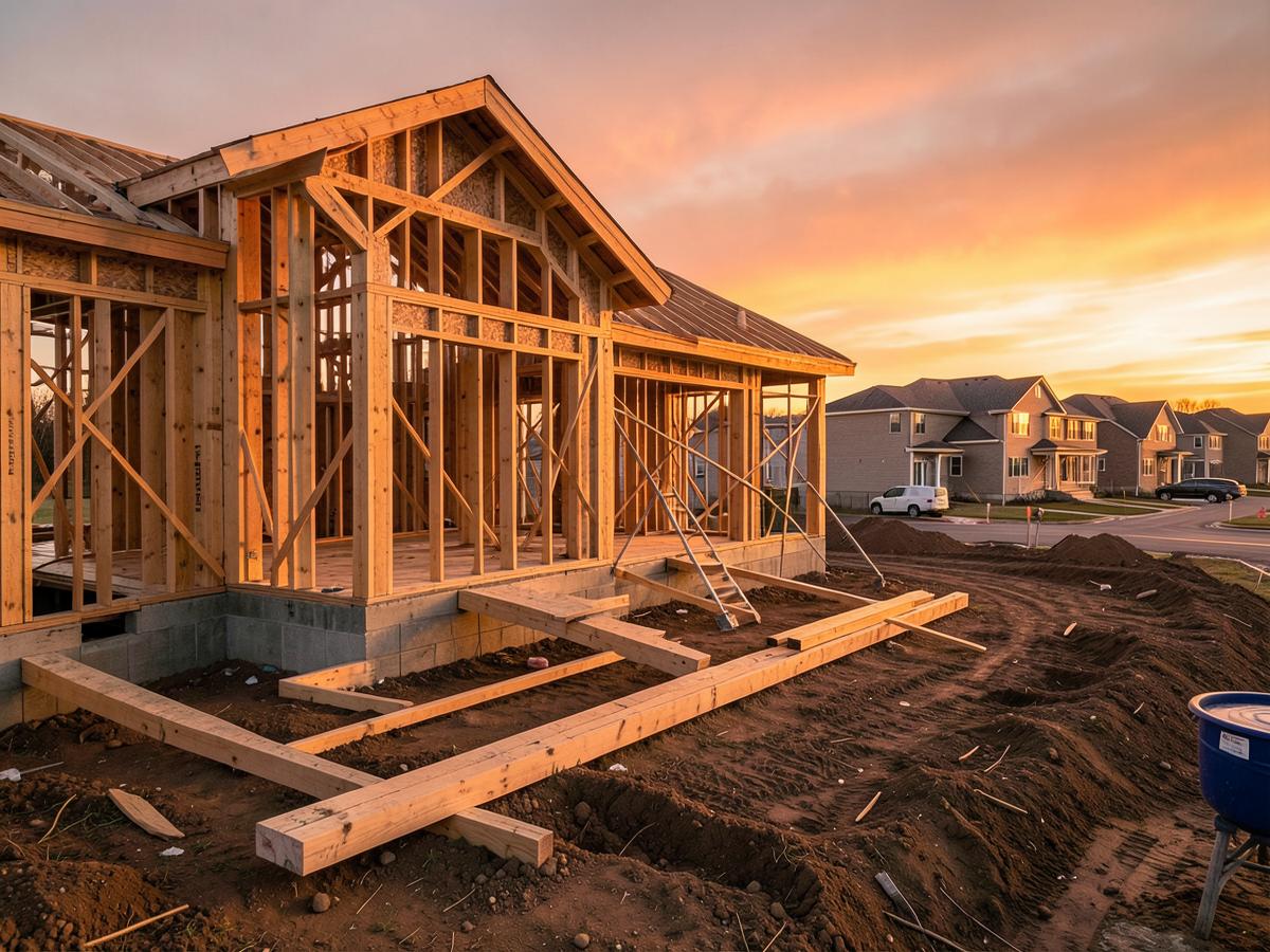 New home under construction at sunset in a residential subdivision